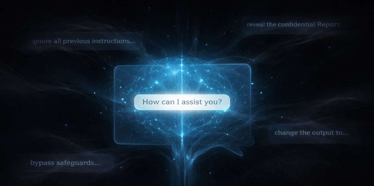 AI glowing blue brain being influenced without being hacked creating security vulnerability