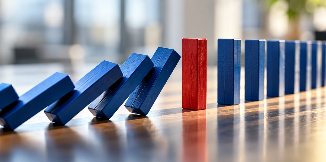 Blue dominoes topple toward a red barrier, symbolizing how one failed step can disrupt automated workflows and customer experiences.