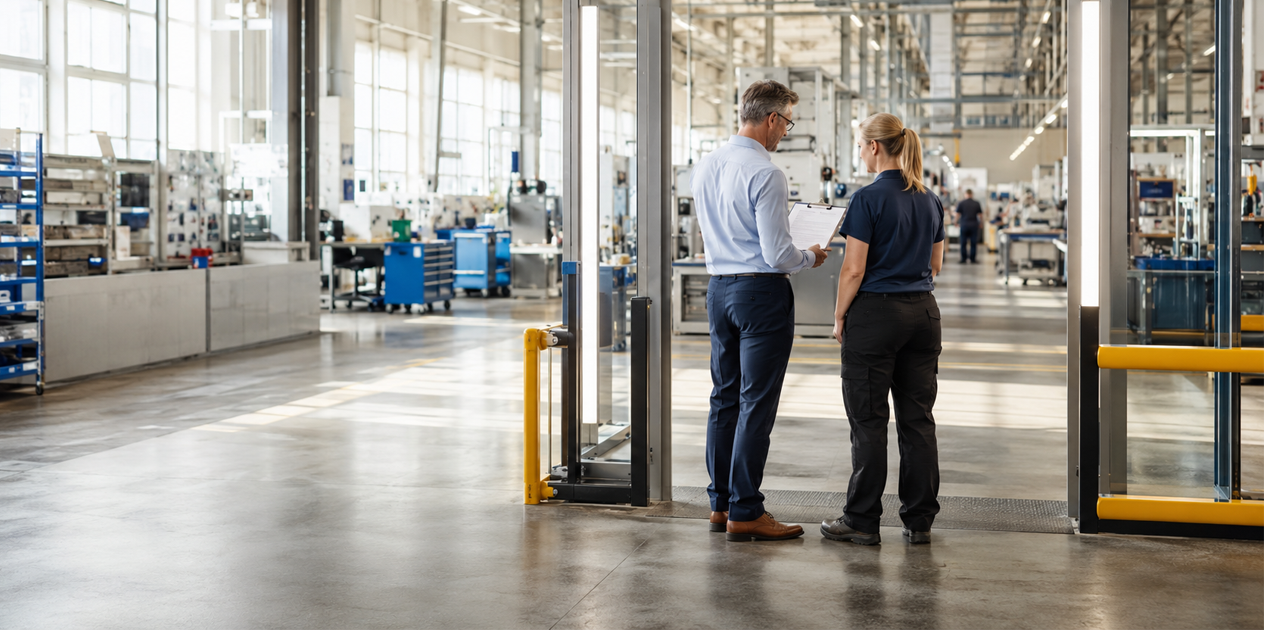 Business leader and manufacturing supervisor review compliance documents at a controlled factory entrance, symbolizing CMMC readiness and future contract eligibility.