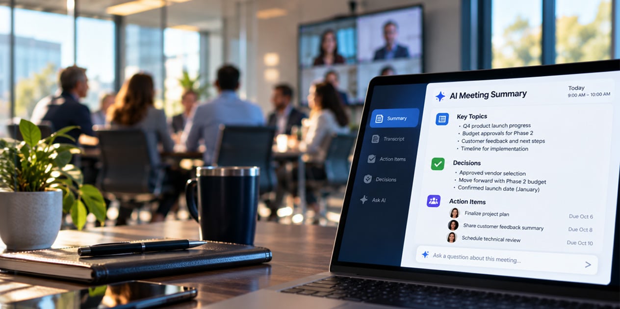 AI meeting summary highlights key topics, decisions, and action items while employees collaborate in a modern hybrid workplace meeting environment.