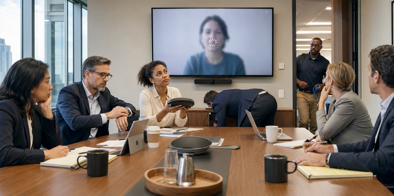 Frustrated business professionals wait in a conference room while frozen video and faulty equipment delay an important company meeting discussion.