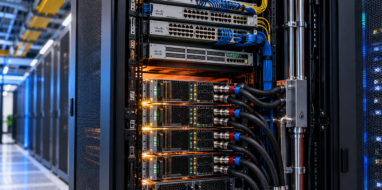Network equipment and AI servers with liquid cooling infrastructure supporting increased power and thermal demands of high-density computing workloads.