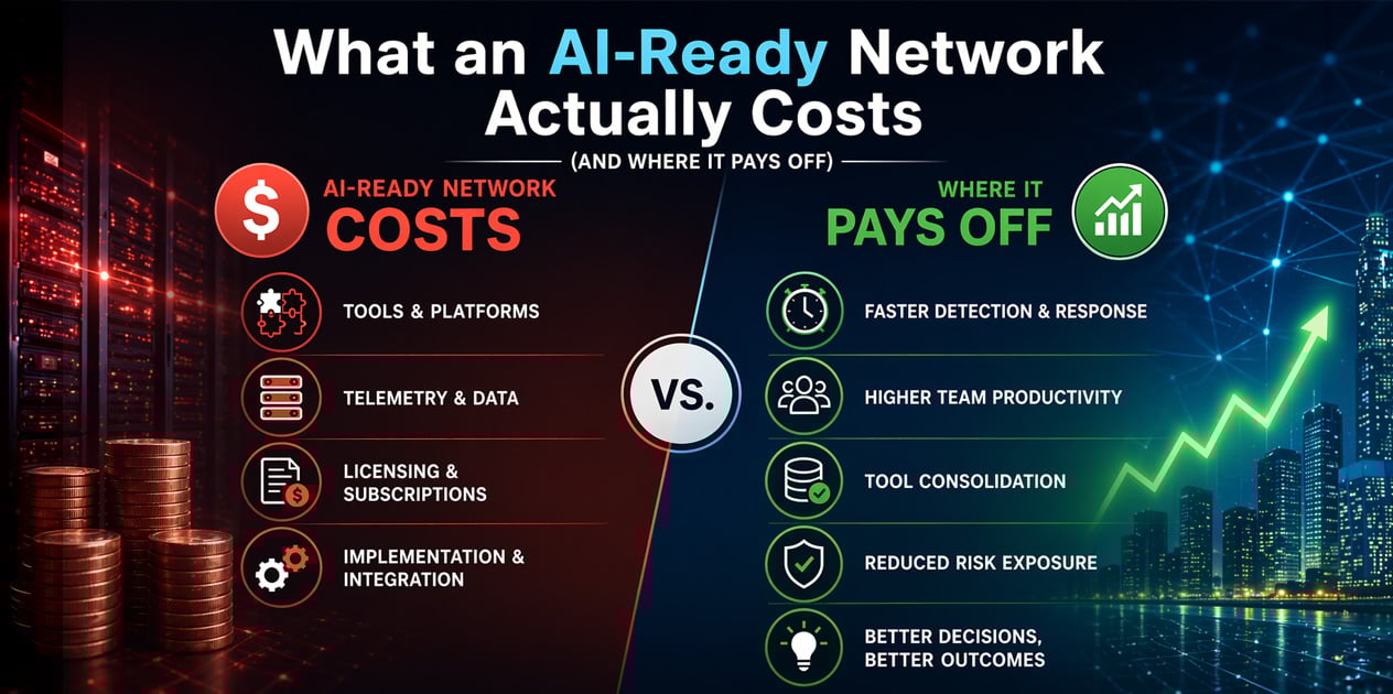 Split infographic comparing AI-ready network costs—tools, data, licensing, integration—against benefits like faster response, productivity, consolidation, reduced risk, and decisions.