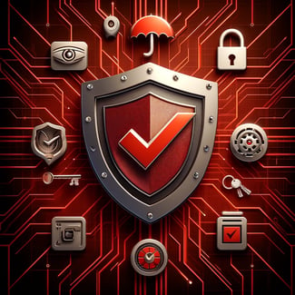 DALL·E 2024-04-11 14.54.25 - Create an image that embodies security and compliance within a digital framework, featuring a sturdy metallic shield emblazoned with a prominent red c