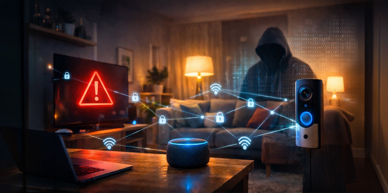 Dim living room with smart home devices—laptop, speaker, and camera—connected by glowing network lines and lock icons. A hooded figure lurks in the background, while a screen shows a red warning symbol, suggesting home network security serious breach.