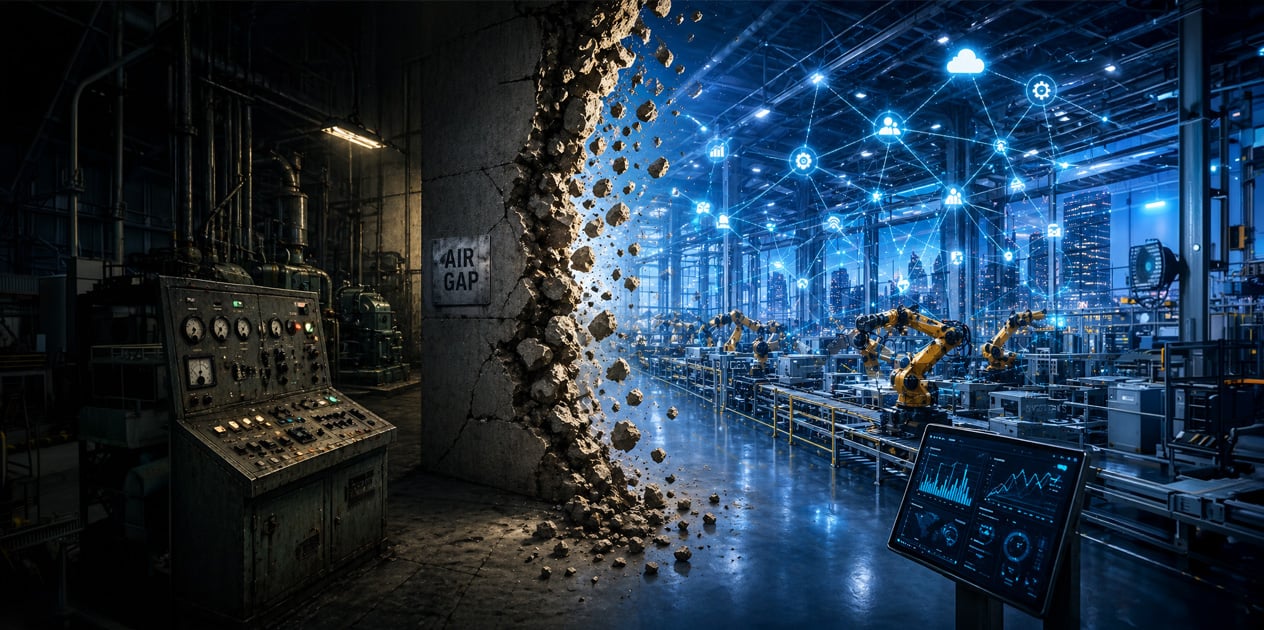 Split industrial scene shows crumbling wall between dark legacy factory and bright connected smart factory with robots, networks, and digital systems integration