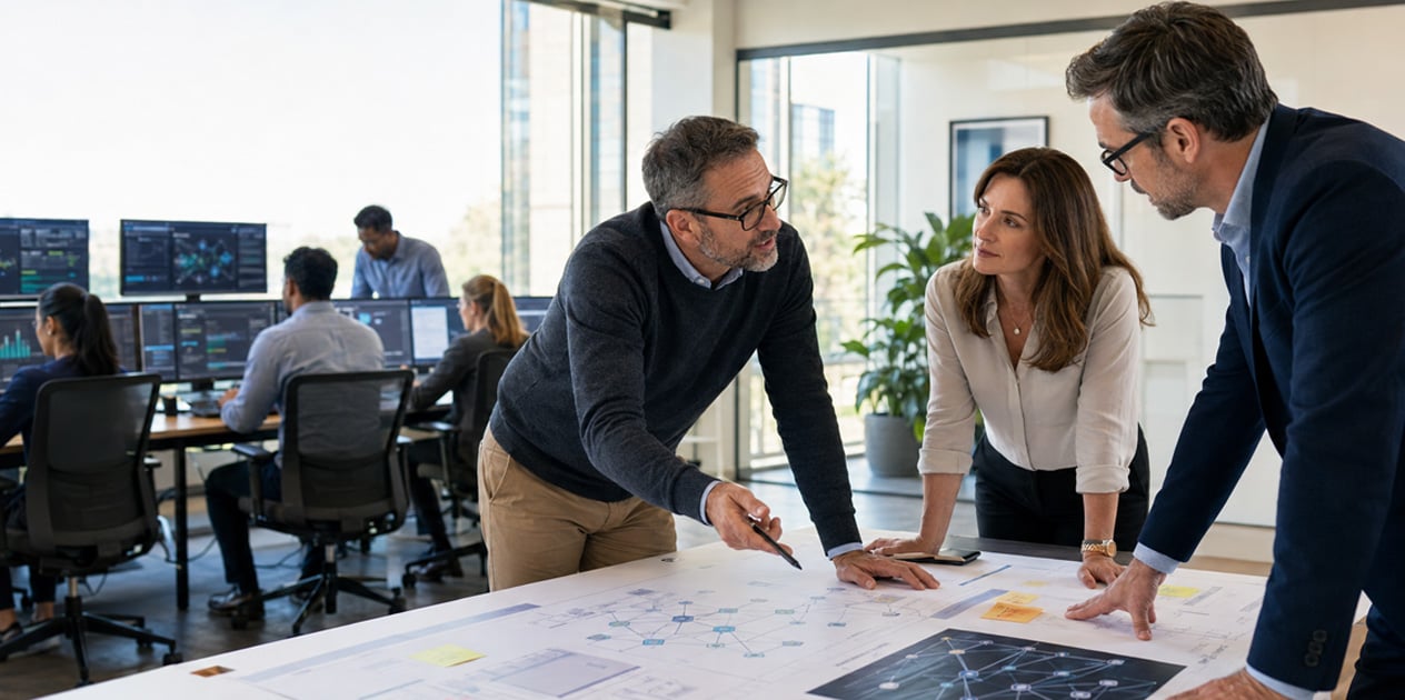 Experienced IT professional leads strategic planning while a managed services team handles routine monitoring in a bright, modern office environment.