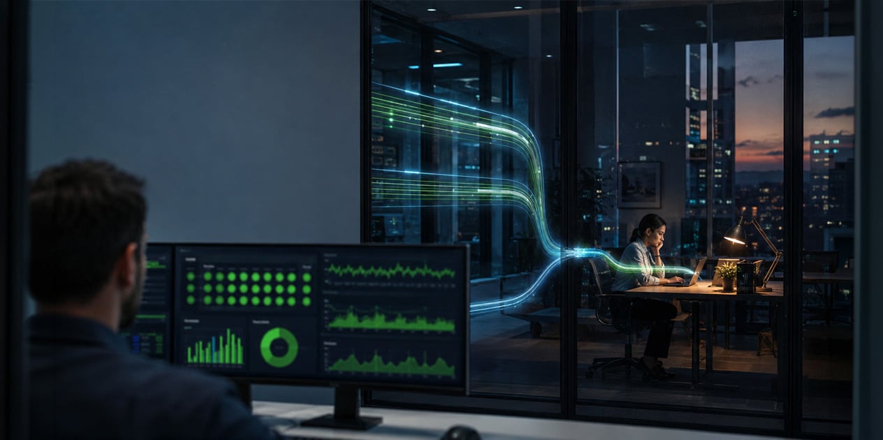 IT specialist views healthy green dashboards while a hidden digital bottleneck slows an employee’s cloud application experience nearby in office.