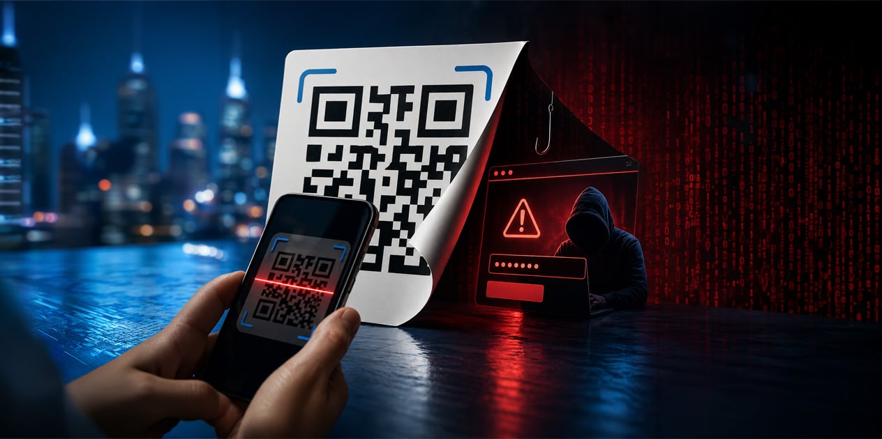 Hand holding smartphone scans QR code on peeling sticker, revealing hidden phishing interface with hooded hacker and warning symbol, illustrating concealed cyber threat behind seemingly harmless code.