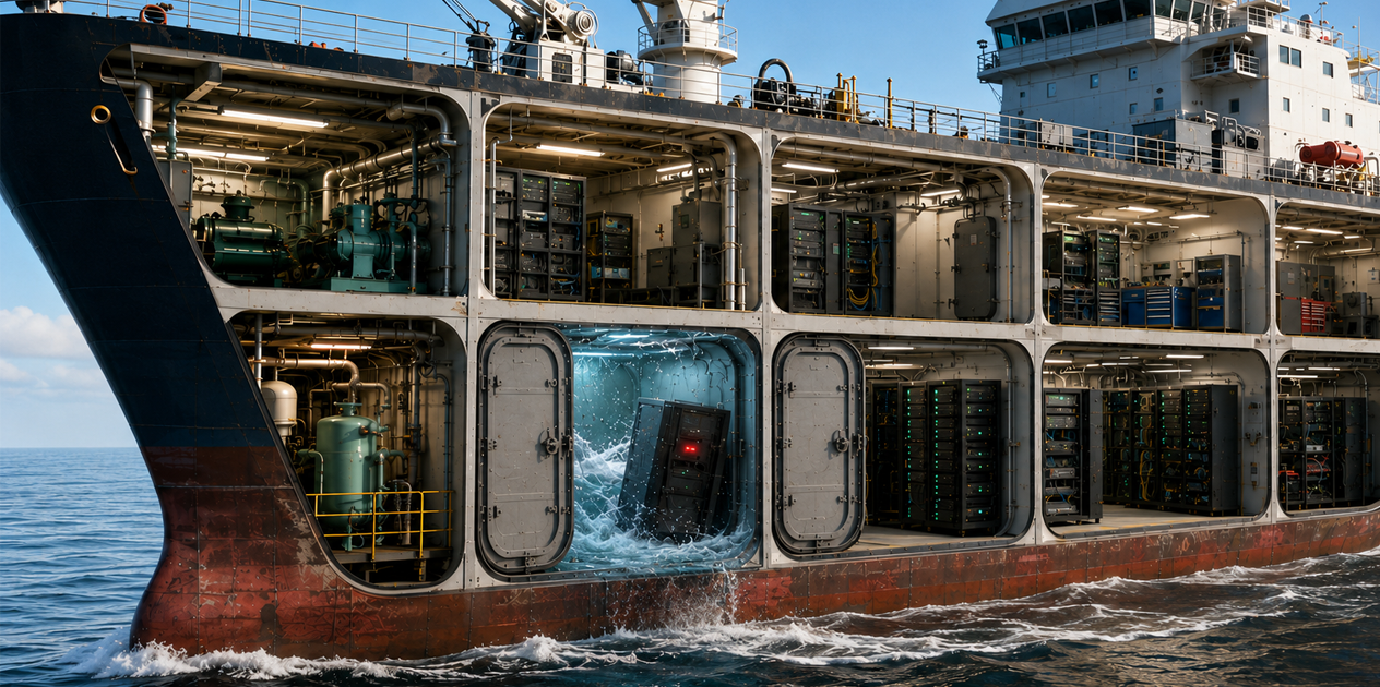 Cutaway ship shows a flooded server compartment isolated by watertight doors while adjacent network systems continue operating safely and normally.