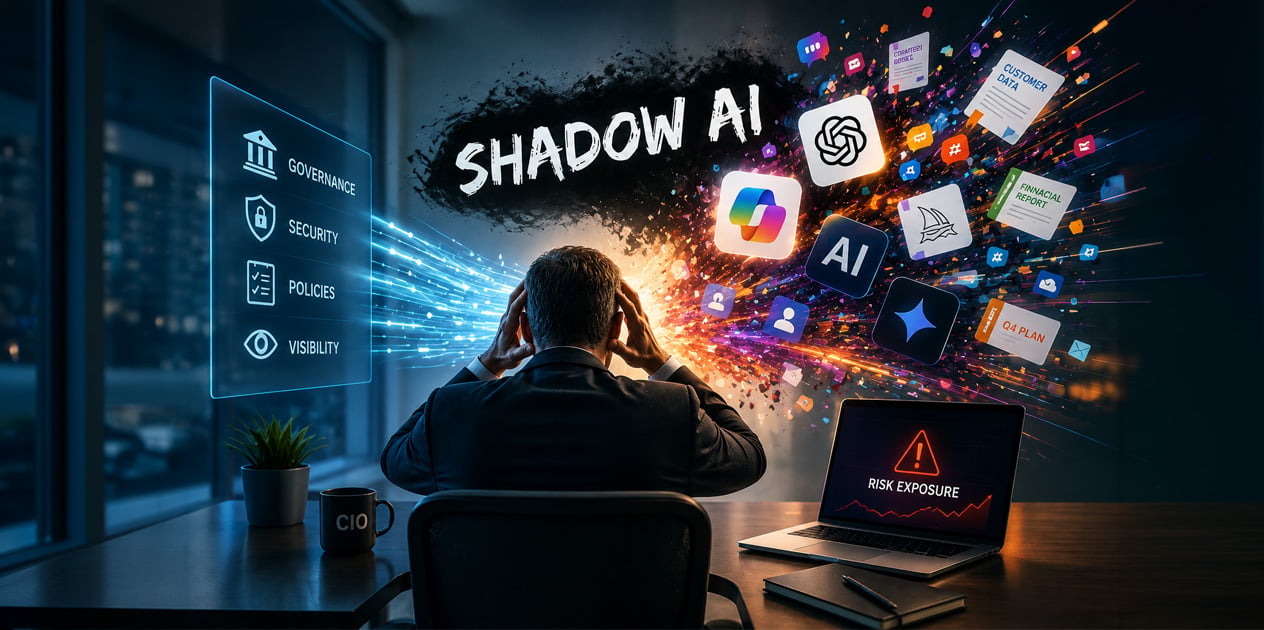 Executive overwhelmed by exploding AI apps, data streams, and security alerts as “Shadow AI” spreads beyond governance controls, illustrating the growing challenge CIOs face balancing AI innovation with cybersecurity risk.