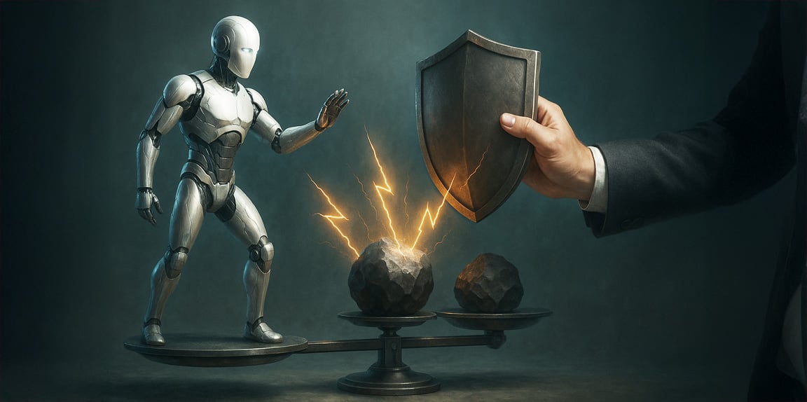 AI vs Risk lightning bolts robot scales