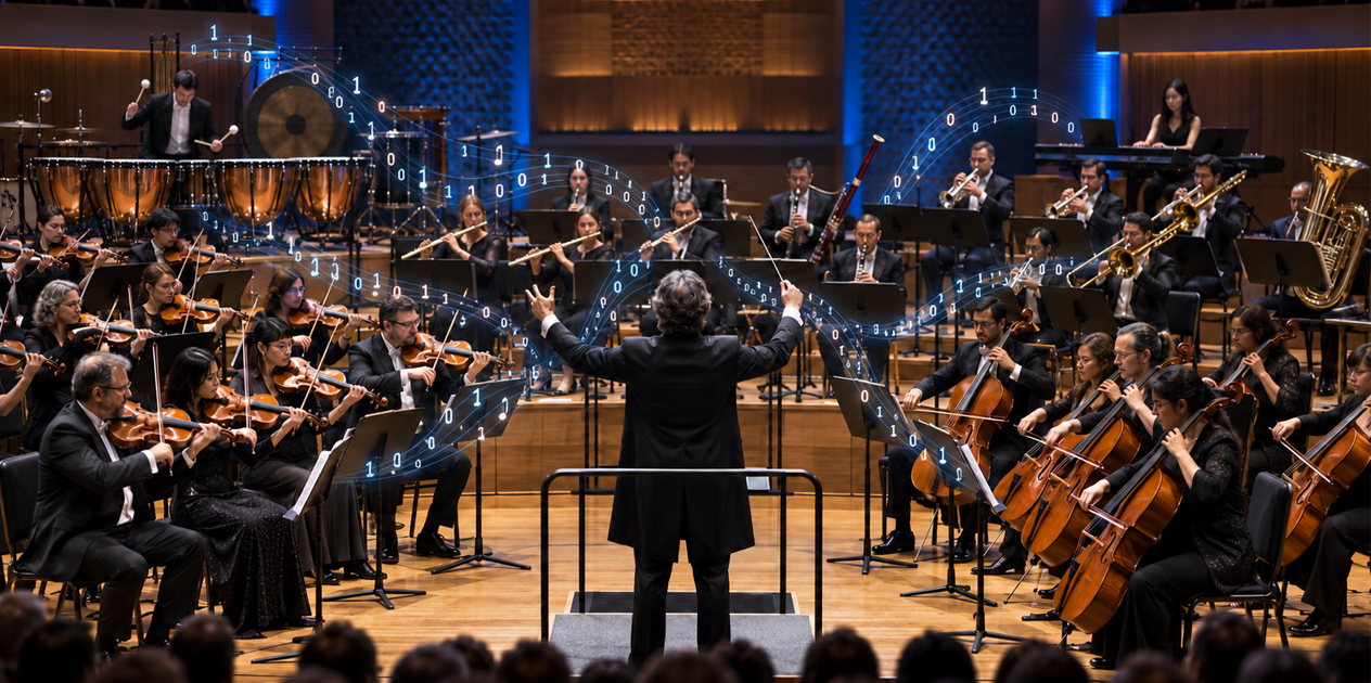 Orchestra conductor directs musicians as flowing binary digits symbolize Cisco Cloud Control coordinating complex IT operations through one unified platform.