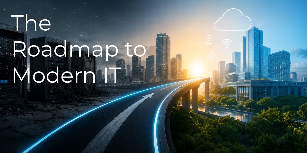 Road leading from aging servers toward a modern digital city, symbolizing phased IT modernization, infrastructure transformation, innovation, growth, and resilience.