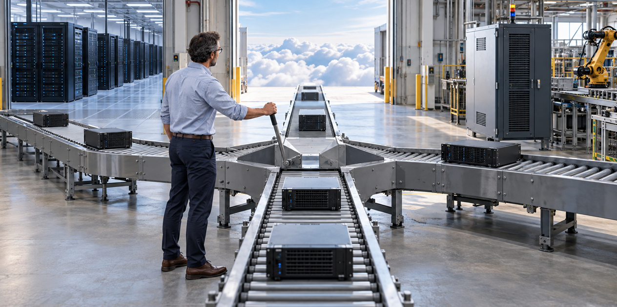 A technology architect routes server workloads toward cloud, data center, or edge environments through a three-way industrial conveyor sorting junction.