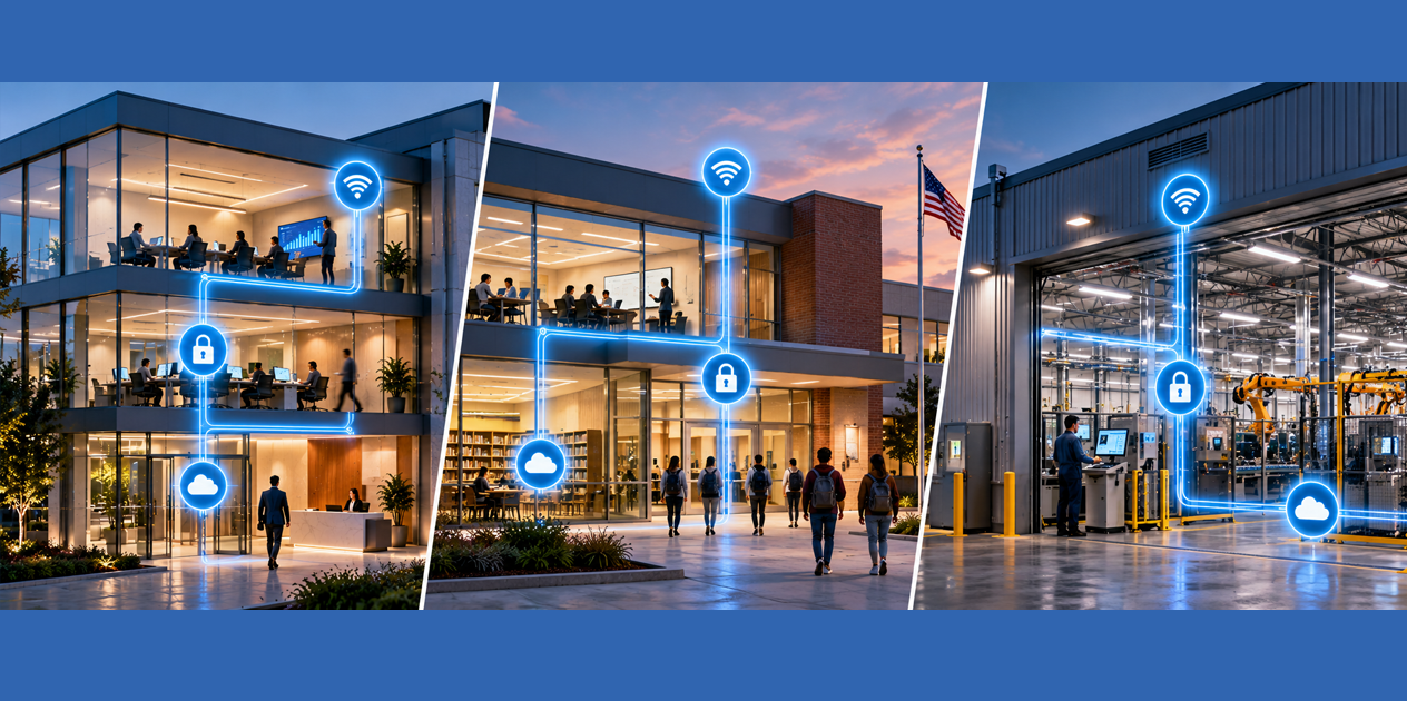 Unified Cisco security network connects office, school, and factory environments through embedded protection, identity, cloud, and intelligent network infrastructure technologies.