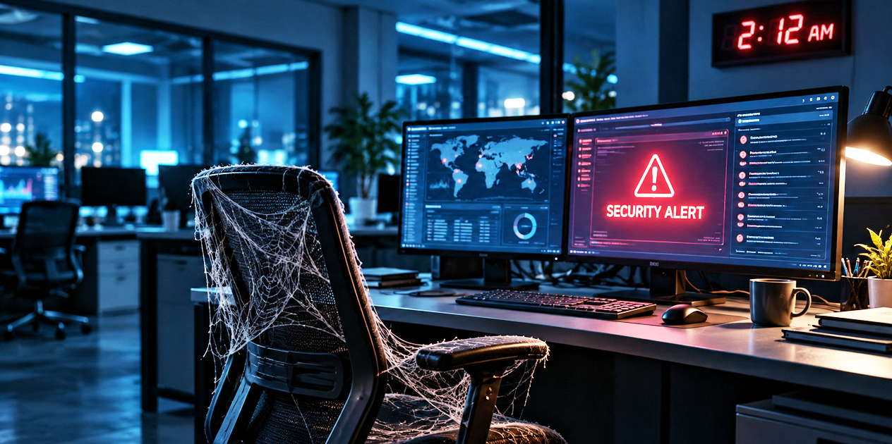 Empty cybersecurity office at 2:12 AM, cobweb-covered chair and unattended monitors displaying critical security alerts, highlighting gaps in threat monitoring.