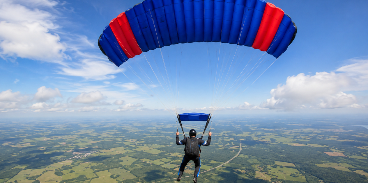 A parachutist descends safely beneath a fully deployed canopy, illustrating the importance of reliable backup and recovery planning for businesses.